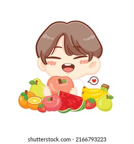 Happy cute kid boy eat healthy fruit food kawaii cartoon