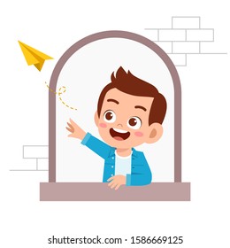 happy cute kid boy expression on window