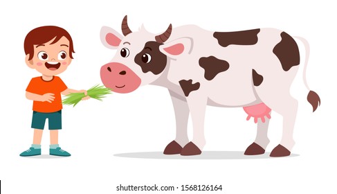 happy cute kid boy feeding cute cow vector