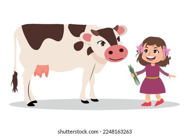 happy cute kid boy feeding cute cow vector.
