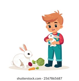 happy cute kid boy feeding cute rabbits vector