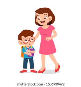 happy cute kid boy first day school with mother