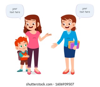 Happy Cute Kid Boy First Day School With Mother