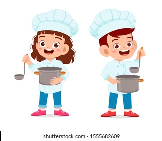 happy cute kid boy and girl in chef costume