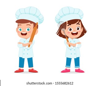 happy cute kid boy and girl in chef costume