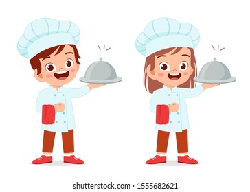 happy cute kid boy and girl in chef costume