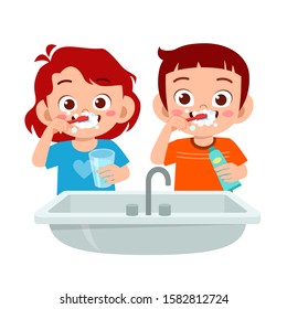 happy cute kid boy and girl brush clean teeth