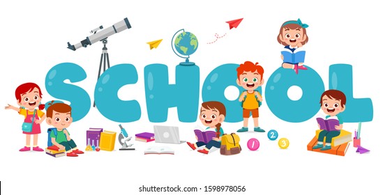 happy cute kid boy and girl on school poster