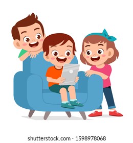 Happy Cute Kid Boy And Girl Play With Tablet