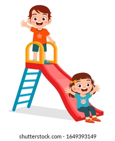 happy cute kid boy and girl play slide together