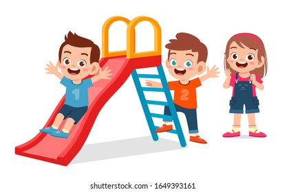 happy cute kid boy and girl play slide together