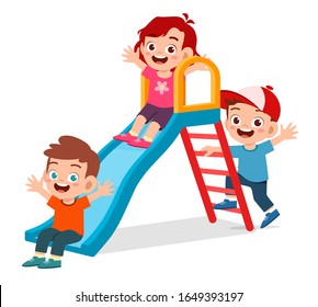 happy cute kid boy and girl play slide together