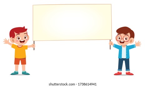 happy cute kid boy and girl holding blank banner