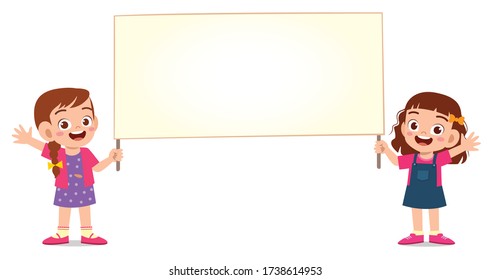 happy cute kid boy and girl holding blank banner