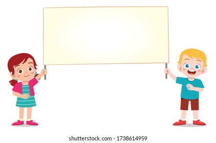 happy cute kid boy and girl holding blank banner