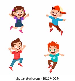 happy cute kid boy and girl jump and smile set bundle. multiracial friend together