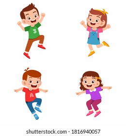 happy cute kid boy and girl jump and smile set bundle. multiracial friend together