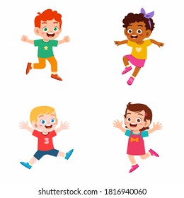 happy cute kid boy and girl jump and smile set bundle. multiracial friend together