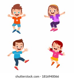 happy cute kid boy and girl jump and smile set bundle. multiracial friend together