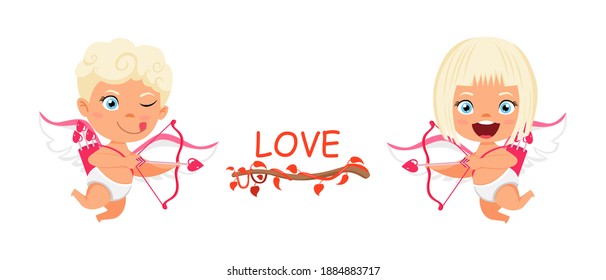 Happy cute kid boy and girl cupid character jumping and pointing with cheerful expression