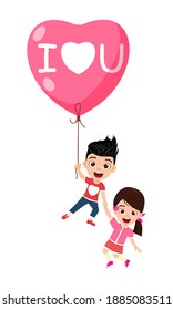 Happy cute kid boy and girl character flying heart shape balloon in the sky