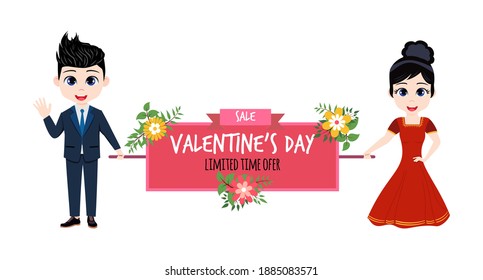Happy cute kid boy and girl character standing together and waving and holding valentine banner isolated with flowers