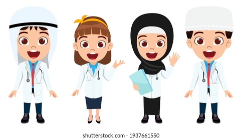 Happy cute kid boy girl doctor emergency team character wearing medical outfit waving with medical equipment with cheerful expression