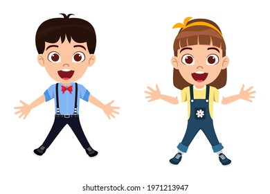 Happy cute kid boy and girl character jumping on white background wearing beautiful outfit