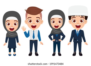 Happy cute kid boy and girl businessman and businesswoman character standing and waving