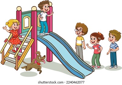 happy cute kid boy and girl play slide together