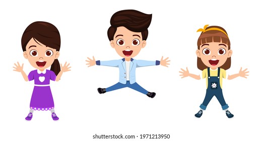 Happy cute kid boy and girls character jumping on white background wearing beautiful outfit
