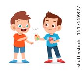 happy cute kid boy give friend cupcake