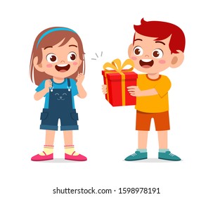 happy cute kid boy give present to friend