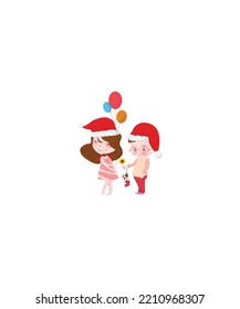 happy cute kid boy give flower to friend on Christmas. Xmas vector isolated on white background. vector illustration.  Perfect for coloring book, textiles, icon, web, painting, books, t-shirt print. 