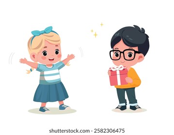 happy cute kid boy give present to friend