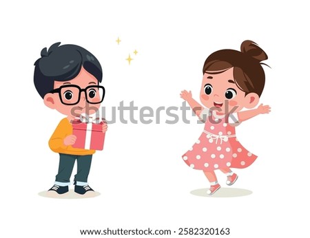happy cute kid boy give present to friend