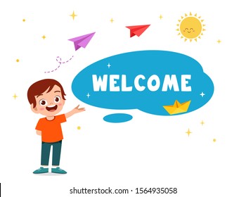 happy cute kid boy greeting card welcome vector