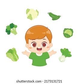 Happy cute kid boy with healthy fresh green vegetables cartoon