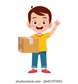 Happy cute kid Boy hold a box full body illustration