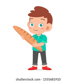 happy cute kid boy holding fresh bread