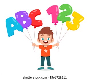 happy cute kid boy holding balloon text vector