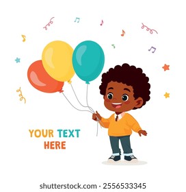 happy cute kid boy holding balloon with place for text 