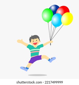 Happy cute kid boy jump holding balloon. Vector illustration