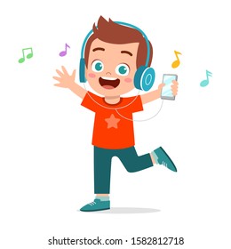 happy cute kid boy listen to music