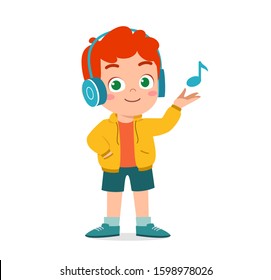 happy cute kid boy listen to music