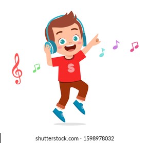 happy cute kid boy listen to music