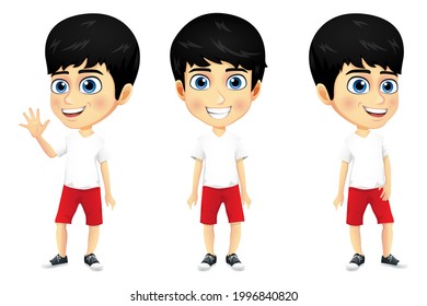 Happy cute kid boy mascot character standing and doing different poses