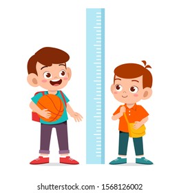 happy cute kid boy measure height together vector