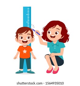 Happy Cute Kid Boy Measuring Height With Mom Vector