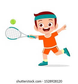 happy cute kid boy play train tennis